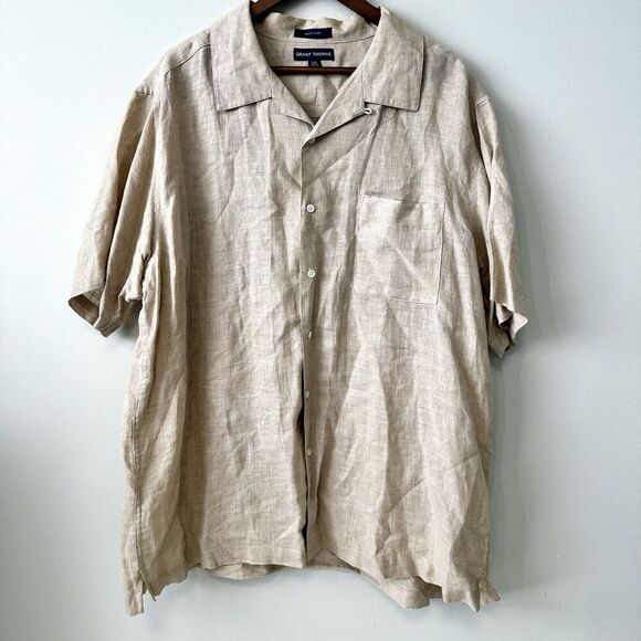 Grant Thomas Mens Short Sleeve XXL Pure Linen Button Up Oatmeal Tan Quiet Luxury - Picture 1 of 10